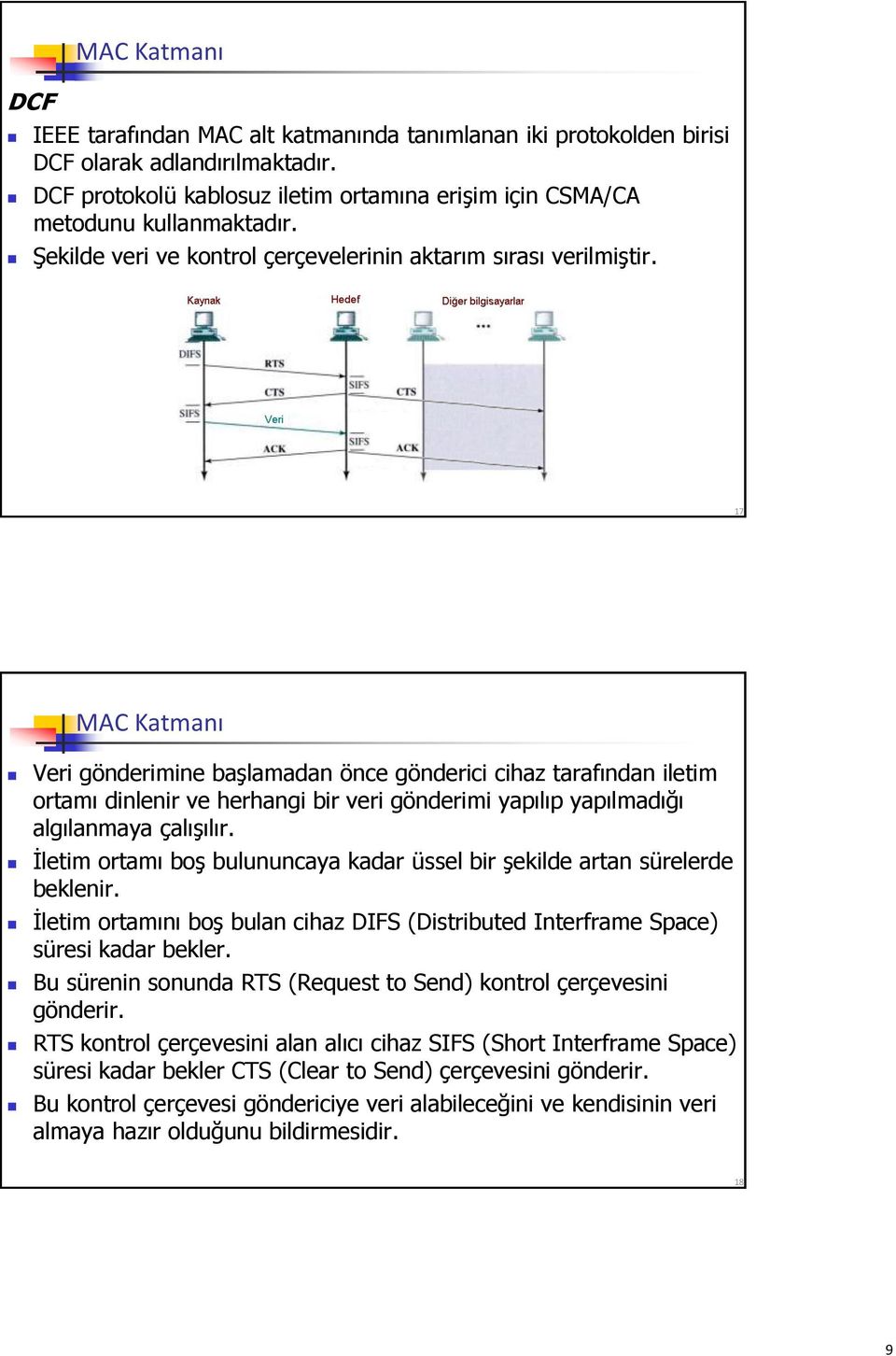 17 MAC Katmanı Veri gönderimine başlamadan önce gönderici cihaz tarafından iletim ortamı dinlenir ve herhangi bir veri gönderimi yapılıp yapılmadığı algılanmaya çalışılır.