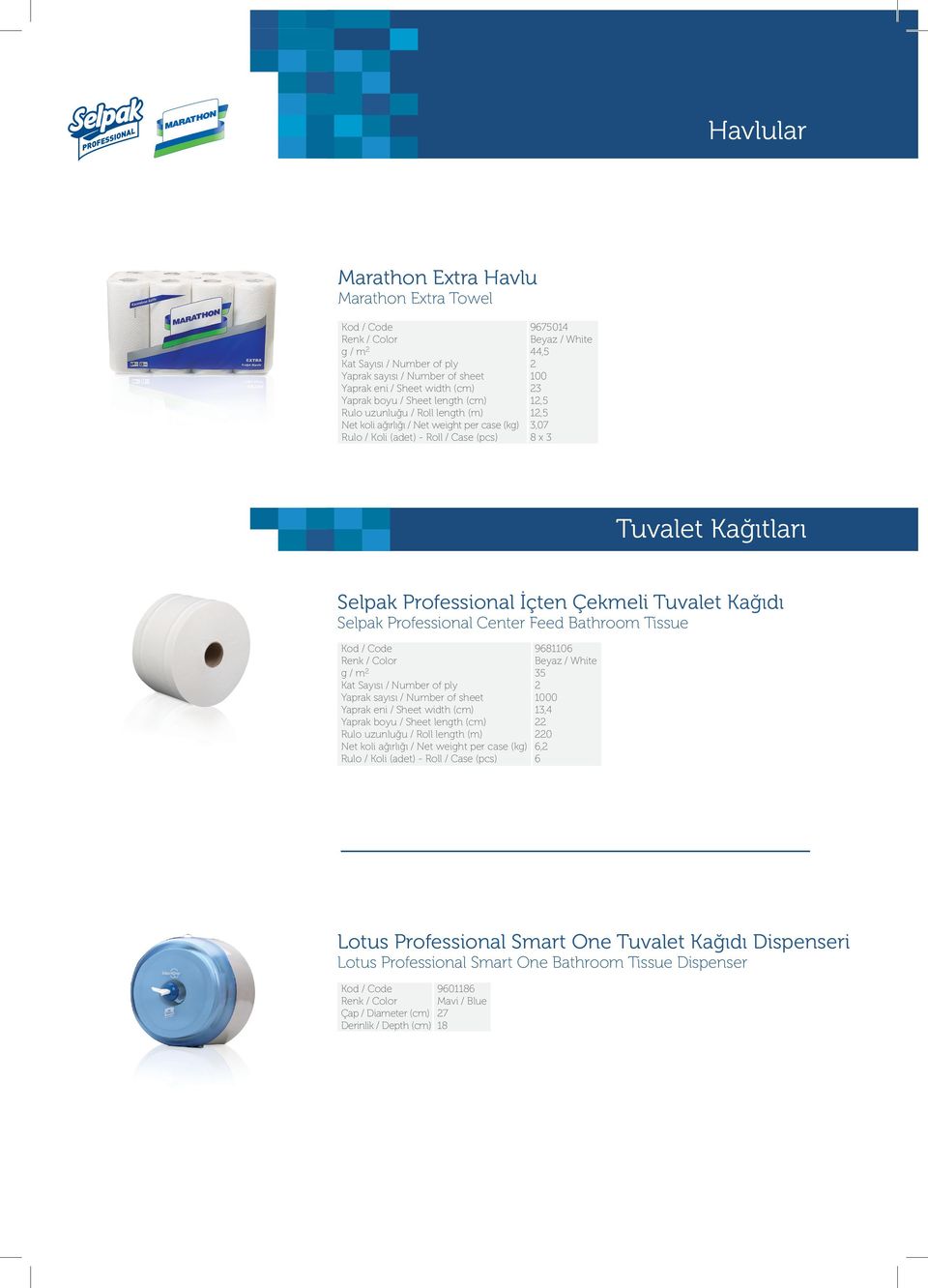 Bathroom Tissue g / m Rulo / Koli (adet) - Roll / Case (pcs) 9681106 35 1000 13,4 0 6, 6 Lotus Professional Smart One