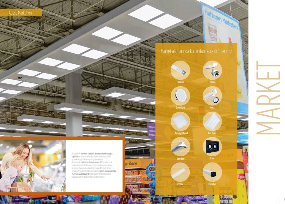 Marketlerde kaliteli bir alışveriş ortamı LED aydınlatma ile sağlanabilmektedir.
