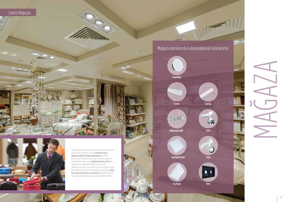 Mağazalarda kaliteli bir alışveriş ortamı LED aydınlatma ile sağlanabilmektedir.