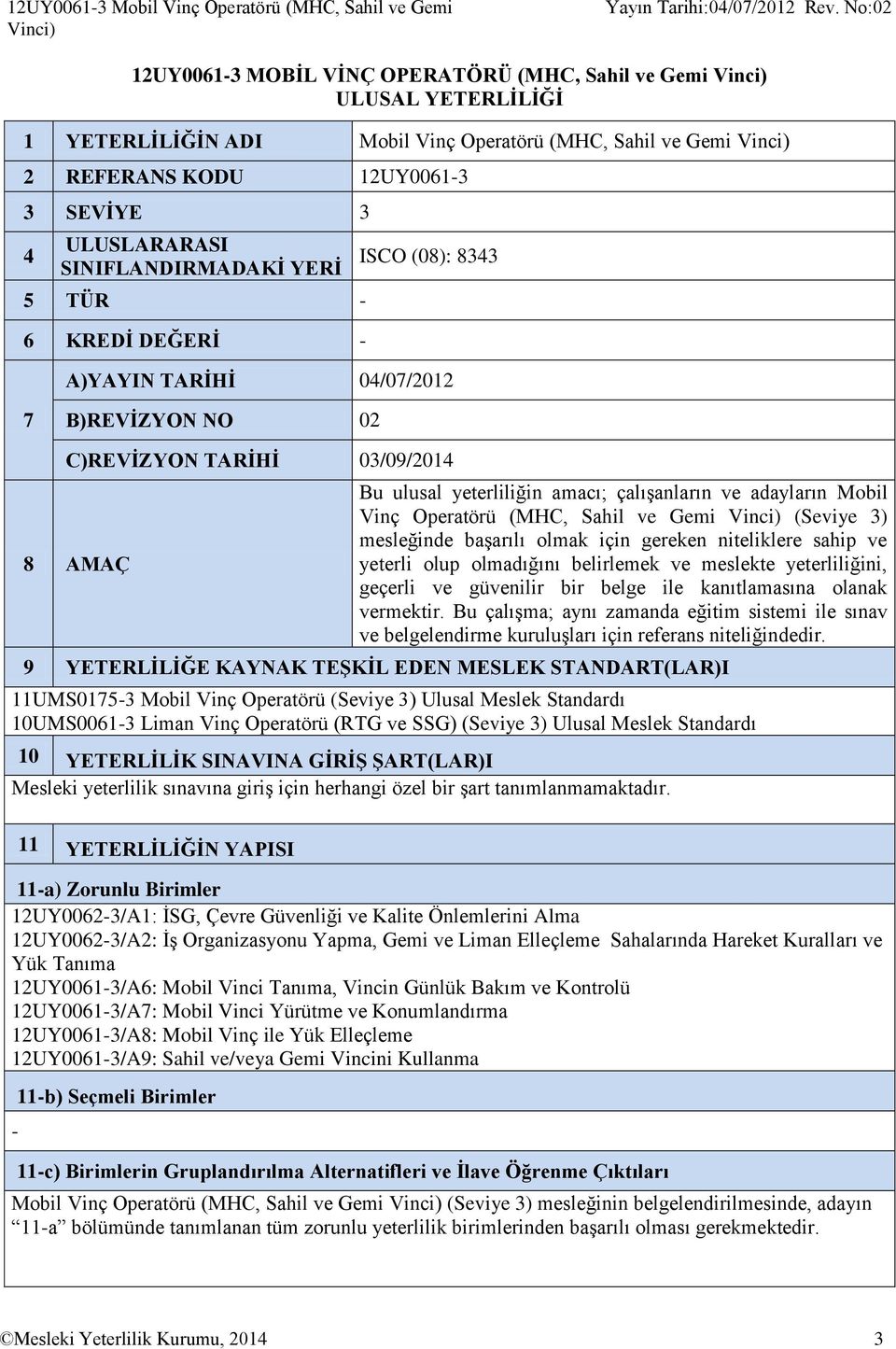 AMAÇ Bu ulusal yeterliliğin amacı; çalışanların ve adayların Mobil Vinç Operatörü (MHC, Sahil ve Gemi Vinci) (Seviye 3) mesleğinde başarılı olmak için gereken niteliklere sahip ve yeterli olup