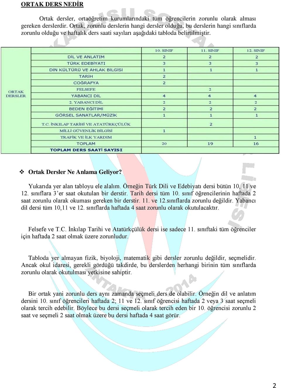 Yukarıda yer alan tabloyu ele alalım. Örneğin Türk Dili ve Edebiyatı dersi bütün 10, 11 ve 12. sınıflara 3 er saat okutulan bir derstir. Tarih dersi tüm 10.