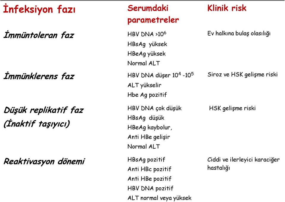 replikatif faz (İnaktif taşıyıcı) Reaktivasyon dönemi HBV DNA çok düşük HBsAg düşük HBeAg kaybolur, Anti HBe gelişir Normal ALT