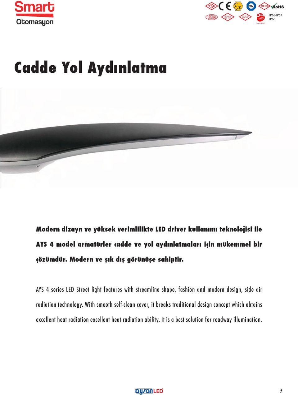 AYS 4 series LED Street light features with streamline shape, fashion and modern design, side air radiation technology.