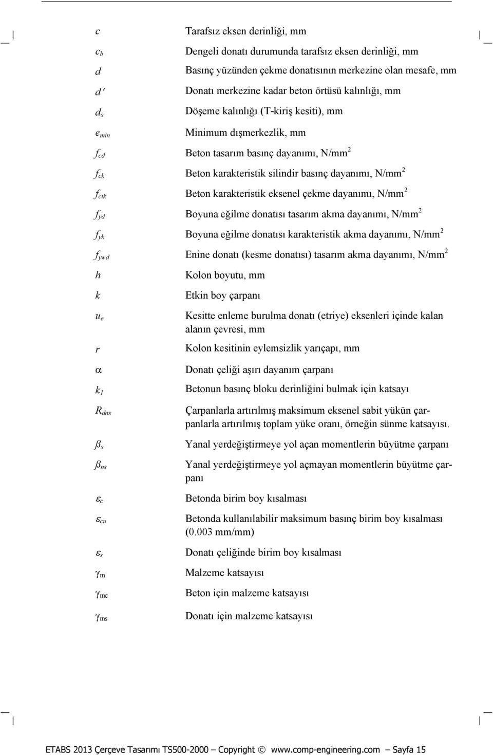 karakteristik eksenel çekme dayanımı, N/mm 2 f yd Boyuna eğilme donatısı tasarım akma dayanımı, N/mm 2 f yk Boyuna eğilme donatısı karakteristik akma dayanımı, N/mm 2 f ywd Enine donatı (kesme