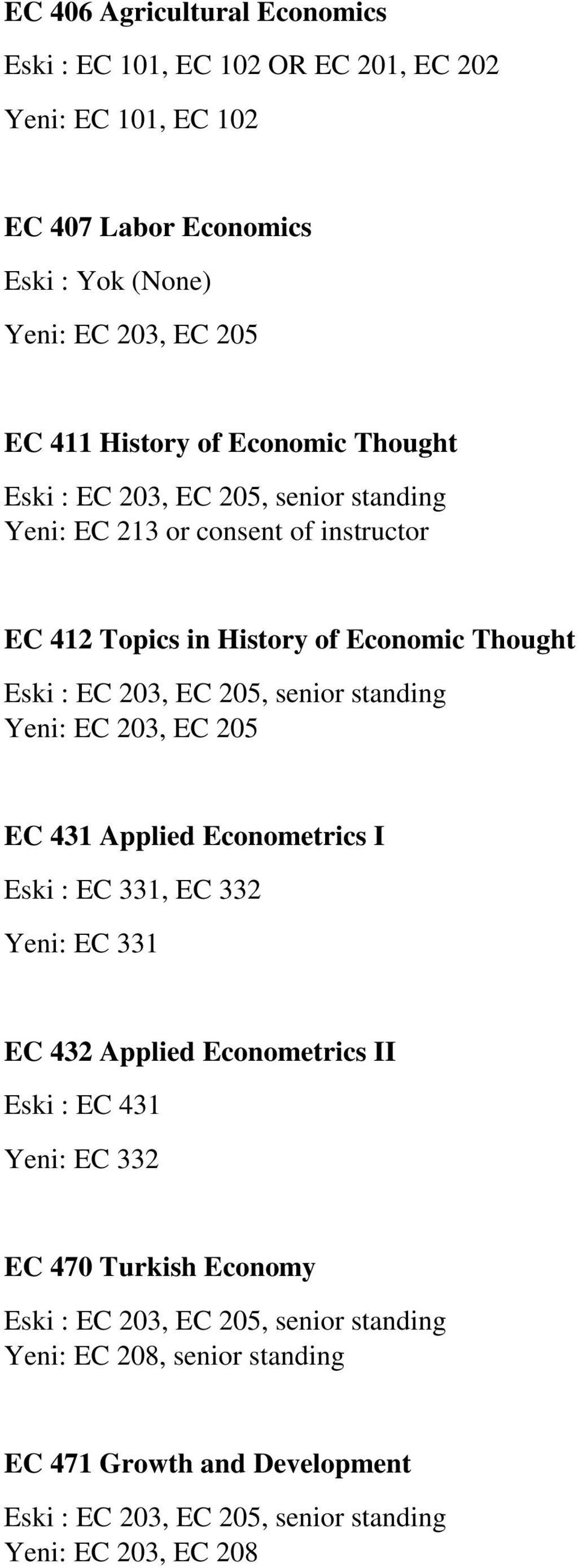 Economic Thought Yeni: EC 203, EC 205 EC 431 Applied Econometrics I Eski : EC 331, EC 332 Yeni: EC 331 EC 432 Applied