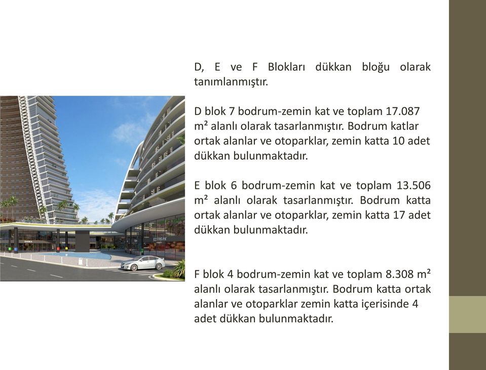 506 m² alanlı olarak tasarlanmıştır. Bodrum katta ortak alanlar ve otoparklar, zemin katta 17 adet dükkan bulunmaktadır.