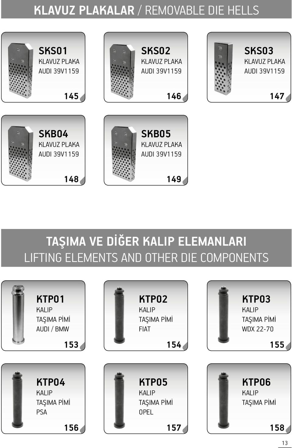 ELEMANLARI LIFTING ELEMENTS AND OTHER DIE COMPONENTS KTP01 KALIP TAŞIMA PİMİ AUDI / BMW 153 KTP02 KALIP TAŞIMA PİMİ FIAT 154