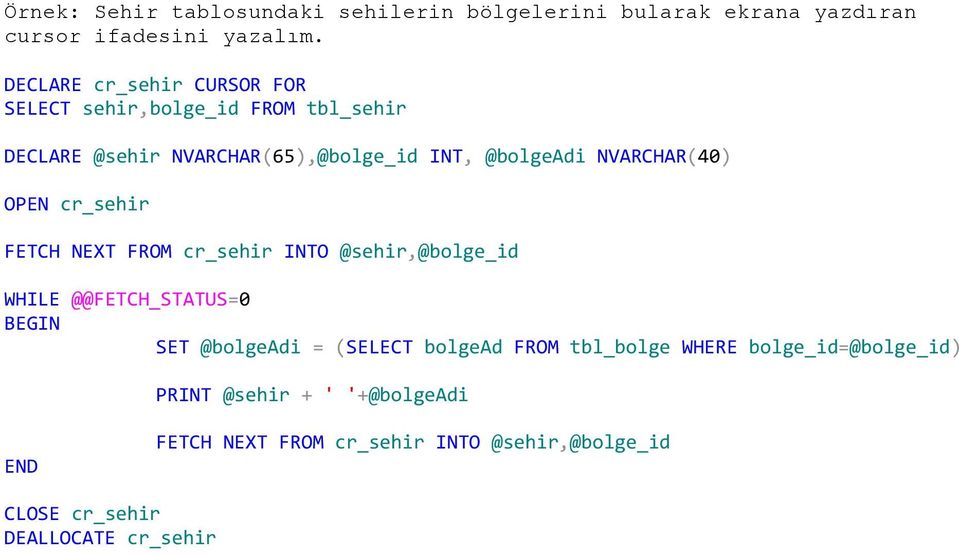 NVARCHAR(40) OPEN cr_sehir FETCH NEXT FROM cr_sehir INTO @sehir,@bolge_id WHILE @@FETCH_STATUS=0 SET @bolgeadi = (SELECT