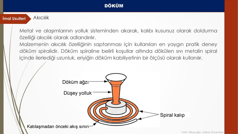 Döküm spiraline belirli koşullar altında dökülen sıvı metalin spiral içinde ilerlediği uzunluk, eriyiğin döküm