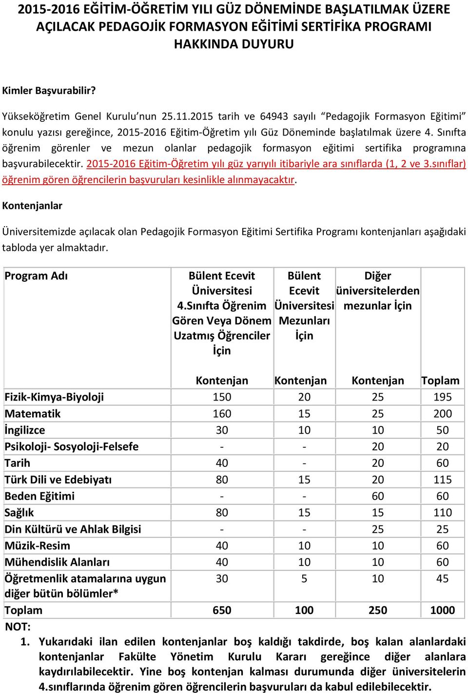 Sınıfta öğrenim görenler ve mezun olanlar pedagojik formasyon eğitimi sertifika programına başvurabilecektir. 2015-2016 Eğitim-Öğretim yılı güz yarıyılı itibariyle ara sınıflarda (1, 2 ve 3.