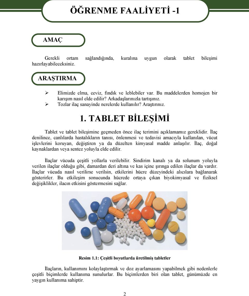 TABLET BİLEŞİMİ Tablet ve tablet bileşimine geçmeden önce ilaç terimini açıklamamız gereklidir.