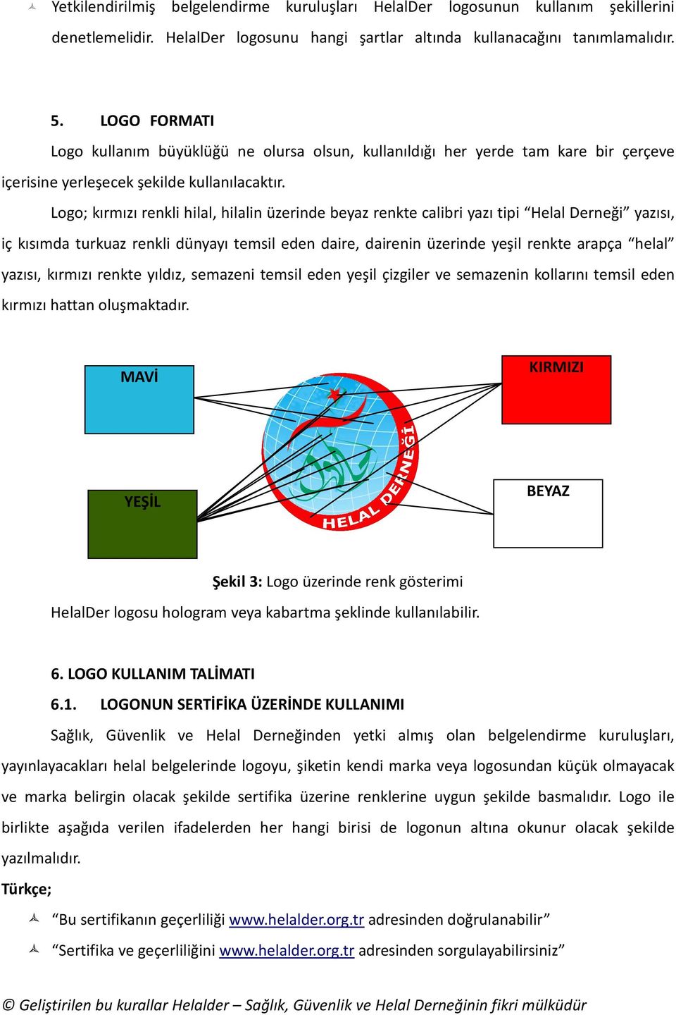 ogo; kırmızı renkli hilal, hilalin üzerinde beyaz renkte calibri yazı tipi Helal Derneği yazısı, iç kısımda turkuaz renkli dünyayı temsil eden daire, dairenin üzerinde yeşil renkte arapça helal