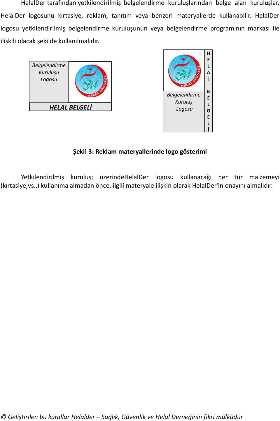 HelalDer logosu yetkilendirilmiş belgelendirme kuruluşunun veya belgelendirme programının markası ile ilişkili olacak şekilde kullanılmalıdır.