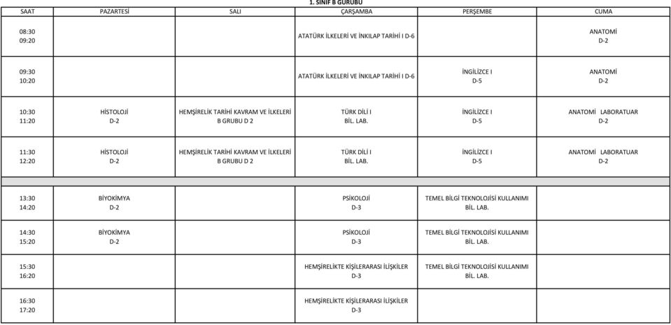 DİLİ I ANATOMİ LABORATUAR HİSTOLOJİ HEMŞİRELİK TARİHİ KAVRAM VE İLKELERİ B GRUBU D 2 TÜRK DİLİ I ANATOMİ