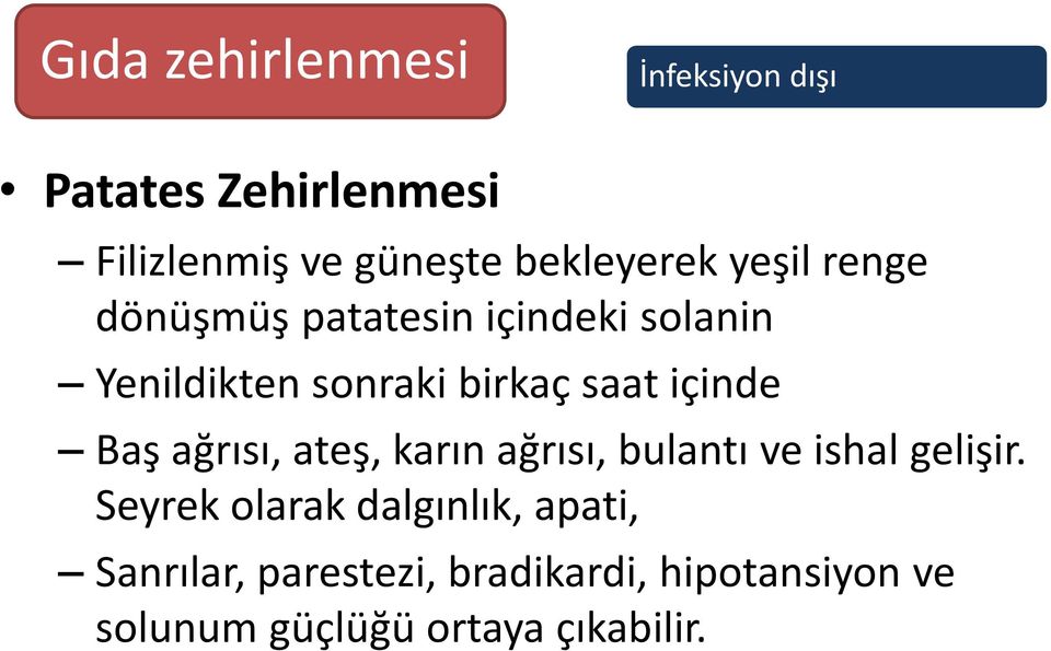 saat içinde Baş ağrısı, ateş, karın ağrısı, bulantı ve ishal gelişir.