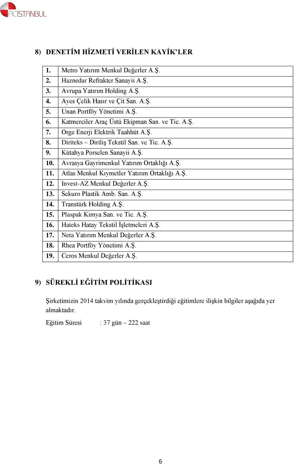 Avrasya Gayrimenkul Yatırım Ortaklığı A.Ş. 11. Atlas Menkul Kıymetler Yatırım Ortaklığı A.Ş. 12. Invest-AZ Menkul Değerler A.Ş. 13. Sekuro Plastik Amb. San. A.Ş. 14. Transtürk Holding A.Ş. 15.