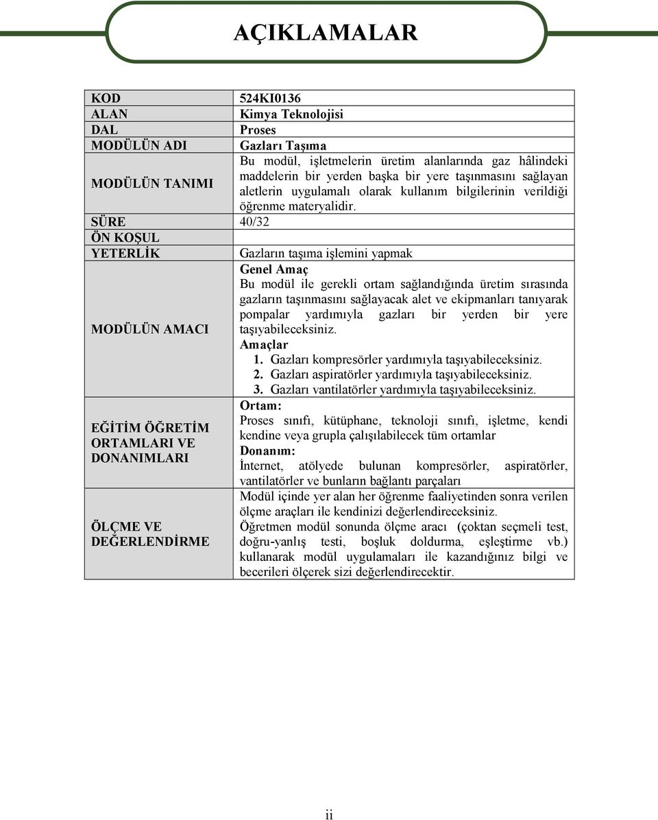 SÜRE 40/32 ÖN KOŞUL YETERLİK Gazların taşıma işlemini yapmak Genel Amaç Bu modül ile gerekli ortam sağlandığında üretim sırasında gazların taşınmasını sağlayacak alet ve ekipmanları tanıyarak