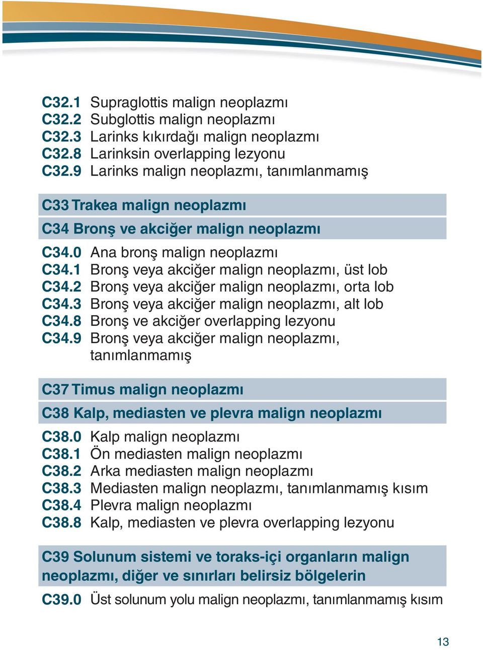 2 Bronş veya akciğer malign neoplazmı, orta lob C34.3 Bronş veya akciğer malign neoplazmı, alt lob C34.8 Bronş ve akciğer overlapping lezyonu C34.