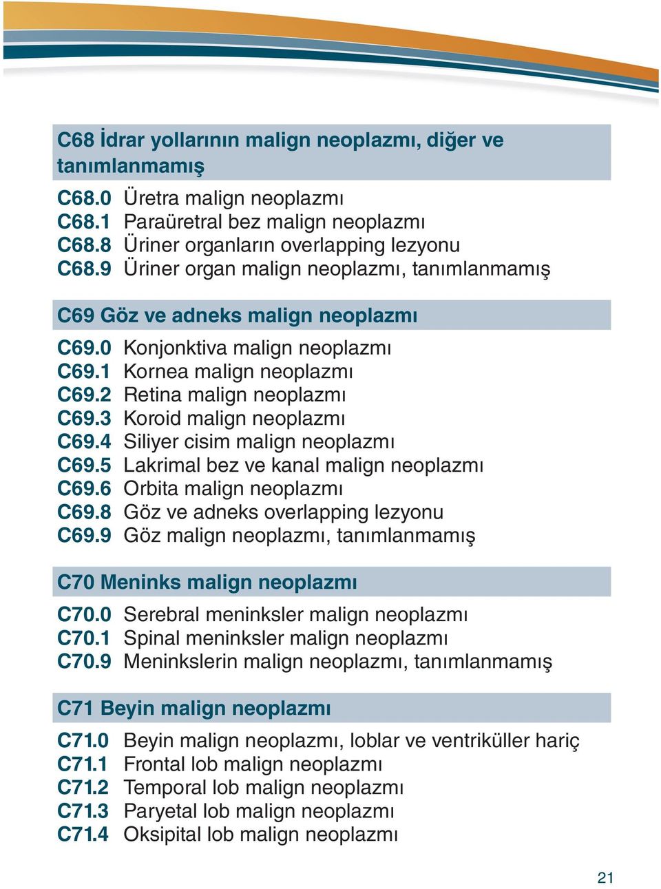 3 Koroid malign neoplazmı C69.4 Siliyer cisim malign neoplazmı C69.5 Lakrimal bez ve kanal malign neoplazmı C69.6 Orbita malign neoplazmı C69.8 Göz ve adneks overlapping lezyonu C69.