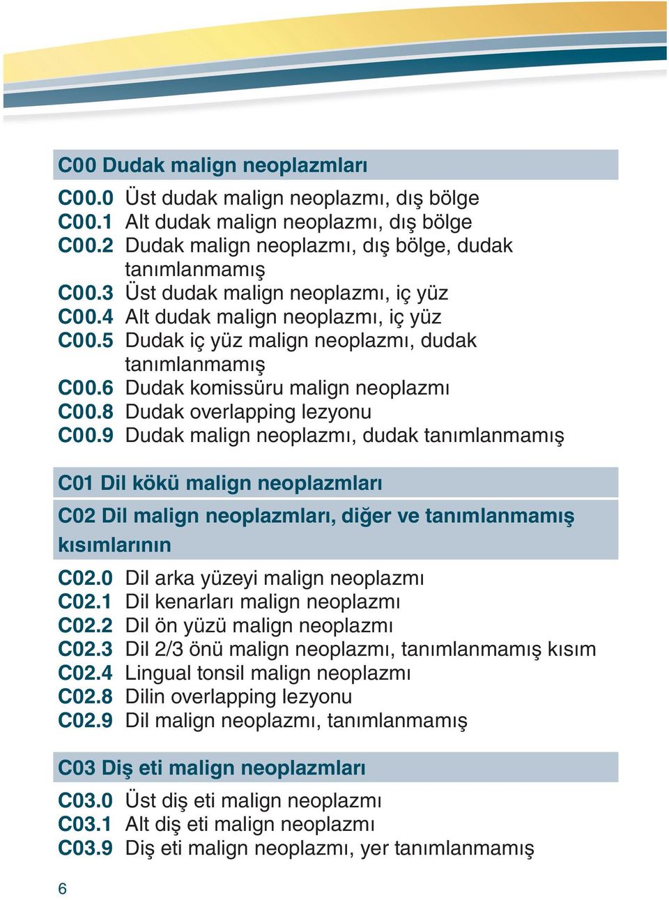 8 Dudak overlapping lezyonu C00.9 Dudak malign neoplazmı, dudak tanımlanmamış C01 Dil kökü malign neoplazmları C02 Dil malign neoplazmları, diğer ve tanımlanmamış kısımlarının C02.