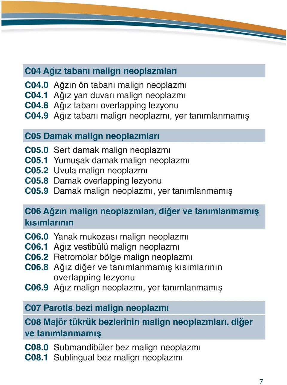 8 Damak overlapping lezyonu C05.9 Damak malign neoplazmı, yer tanımlanmamış C06 Ağzın malign neoplazmları, diğer ve tanımlanmamış kısımlarının C06.0 Yanak mukozası malign neoplazmı C06.