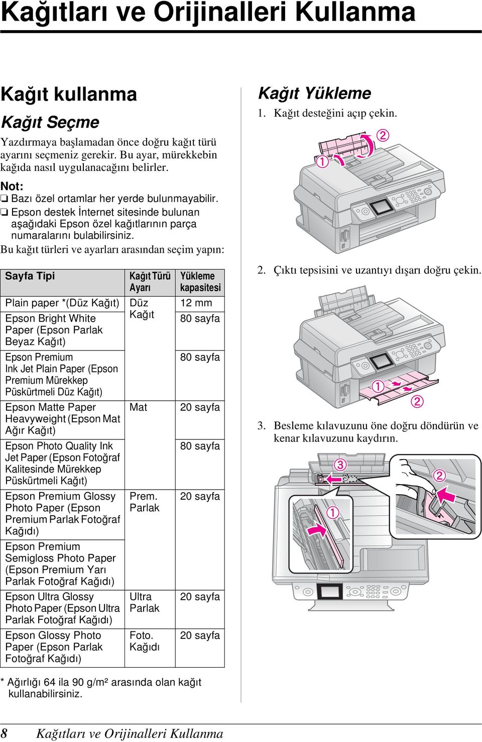Bu kağıt türleri ve ayarları arasından seçim yapın: Kağıt Yükleme 1. Kağıt desteğini açıp çekin. Sayfa Tipi Kağıt Türü Ayarı Yükleme kapasitesi 2. Çıktı tepsisini ve uzantıyı dışarı doğru çekin.