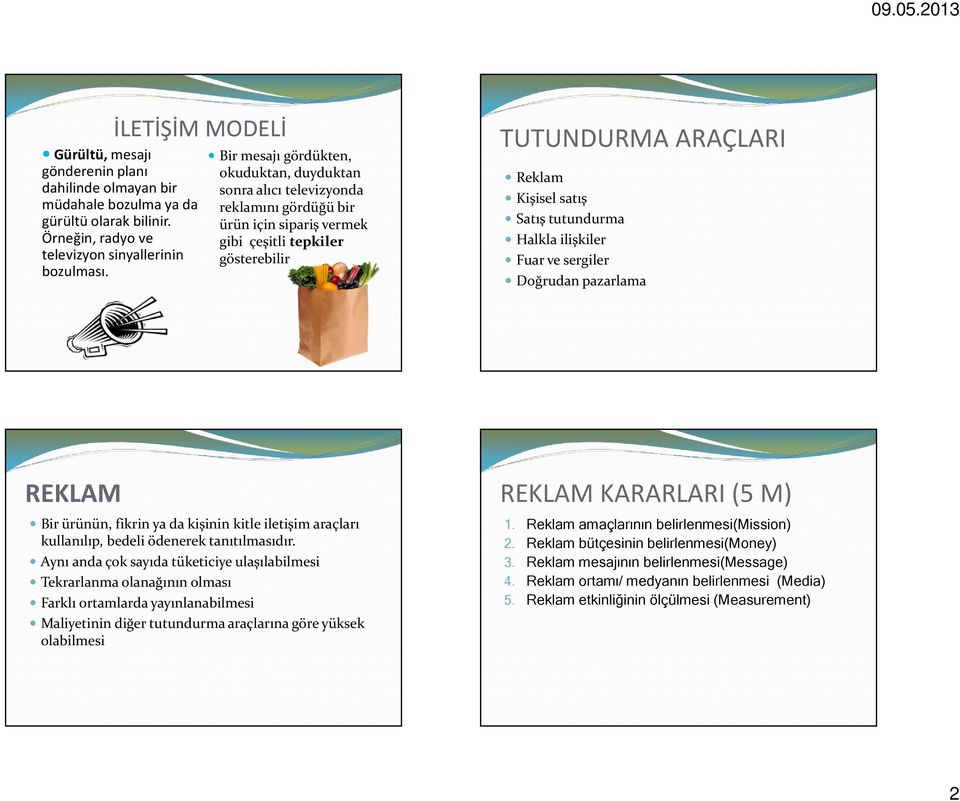 tutundurma Halkla ilişkiler Fuar ve sergiler Doğrudan pazarlama REKLAM Bir ürünün, fikrin ya da kişinin kitle iletişim araçları kullanılıp, bedeli ödenerek tanıtılmasıdır.