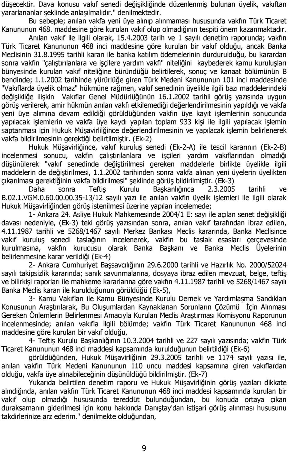 Anılan vakıf ile ilgili olarak, 15.4.2003 tarih ve 1 sayılı denetim raporunda; vakfın Türk Ticaret Kanununun 468 