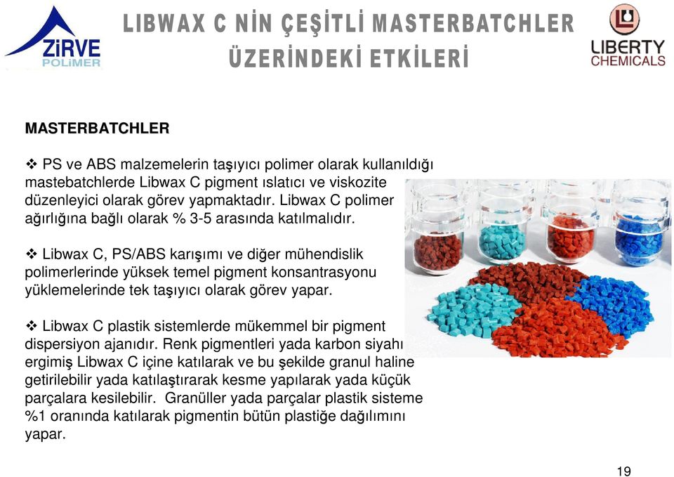 Libwax C, PS/ABS karışımı ve diğer mühendislik polimerlerinde yüksek temel pigment konsantrasyonu yüklemelerinde tek taşıyıcı olarak görev yapar.