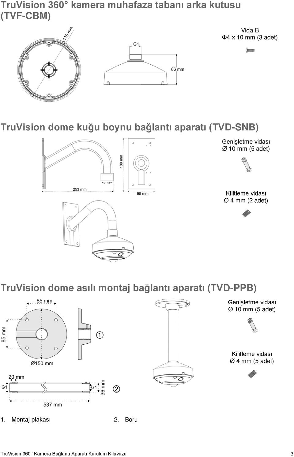 adet) TruVision dome asılı montaj bağlantı aparatı (TVD-PPB) Genişletme vidası Ø 10 mm (5 adet)