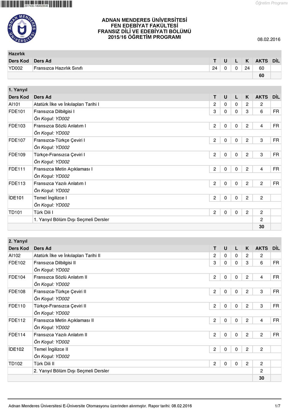 FDE109 Türkçe-Fransızca Çeviri I 2 0 0 2 3 FR FDE111 Fransızca Metin Açıklaması I 2 0 0 2 4 FR FDE113 Fransızca Yazılı Anlatım I 2 0 0 2 2 FR İDE101 Temel İngilizce I 2 0 0 2 2 TD101 Türk Dili I 2 0