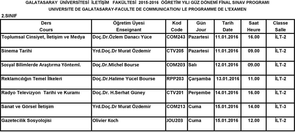 01.2016 11.00 İLT-2 Radyo Televizyon Tarihi ve Kuramı Doç.Dr. H.Serhat Güney CTV201 Perşembe 14.01.2016 16.00 İLT-2 Sanat ve Görsel İletişim Yrd.Doç.Dr Murat Özdemir COM213 Cuma 15.