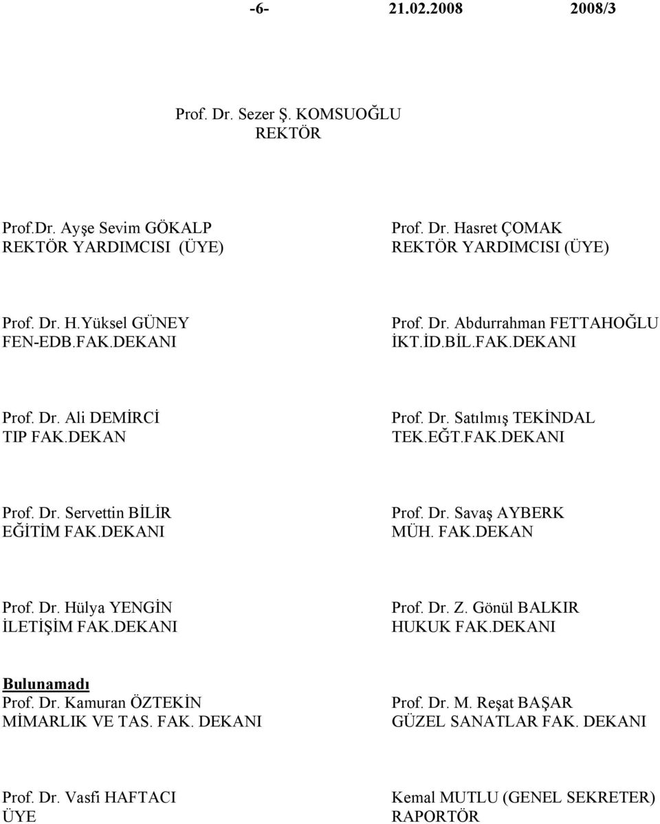 DEKANI Prof. Dr. Savaş AYBERK MÜH. FAK.DEKAN Prof. Dr. Hülya YENGİN İLETİŞİM FAK.DEKANI Prof. Dr. Z. Gönül BALKIR HUKUK FAK.DEKANI Bulunamadı Prof. Dr. Kamuran ÖZTEKİN MİMARLIK VE TAS.