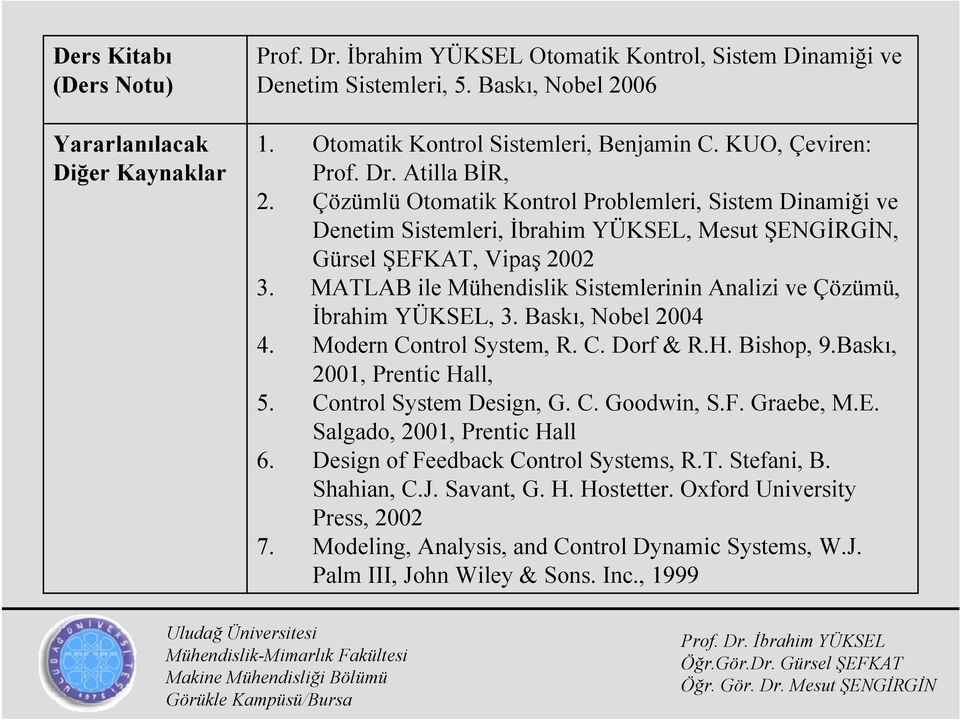 MATLAB ile Mühendislik Sistemlerinin Analizi ve Çözümü, İbrahim YÜKSEL, 3. Baskı, Nobel 2004 4. Modern Control System, R. C. Dorf & R.H. Bishop, 9.Baskı, 2001, Prentic Hall, 5.