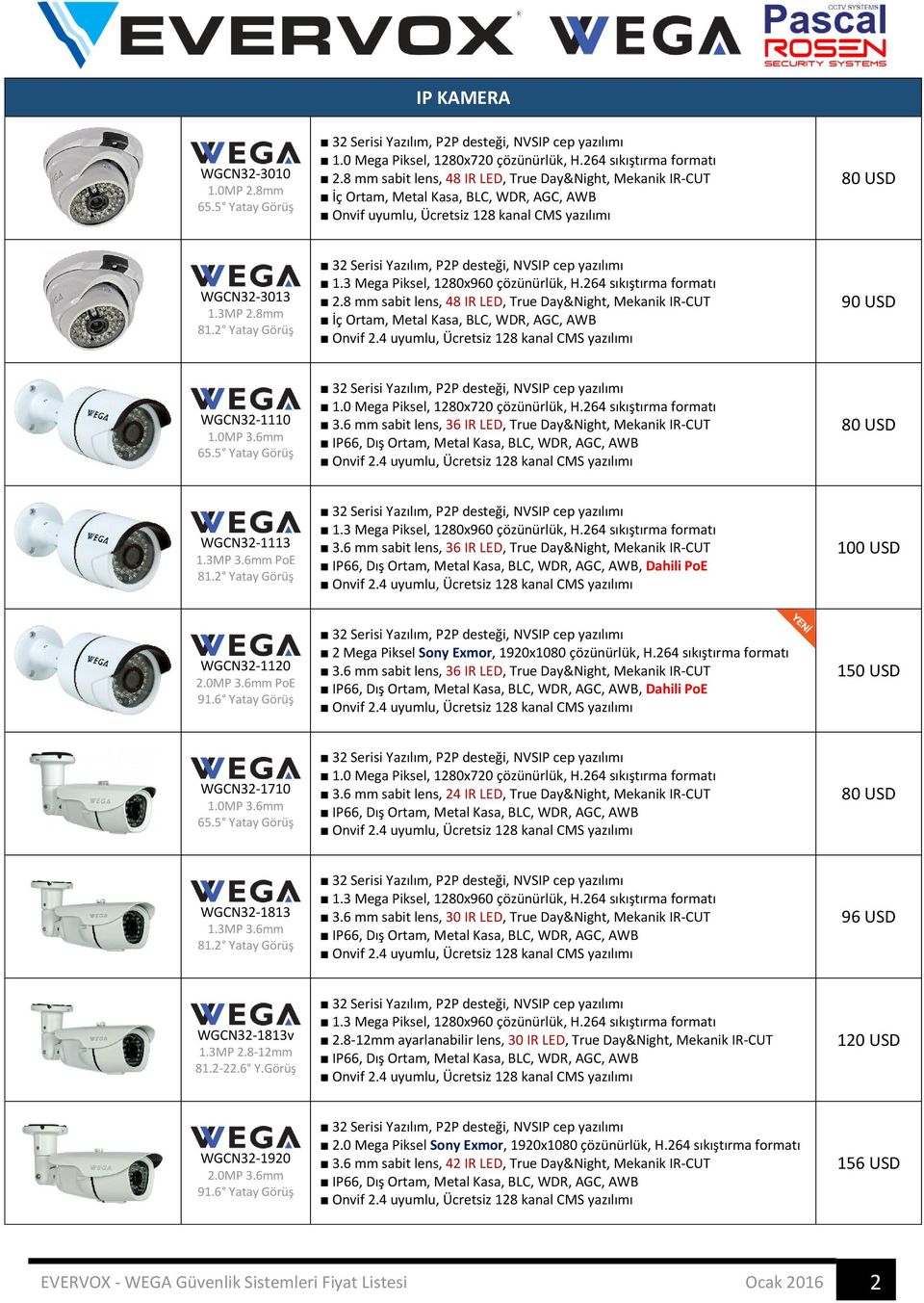 3 Mega Piksel, 1280x960 çözünürlük, H.264 sıkıştırma formatı 2.8 mm sabit lens, 48 IR LED, True Day&Night, Mekanik IR-CUT İç Ortam, Metal Kasa, BLC, WDR, AGC, AWB Onvif 2.