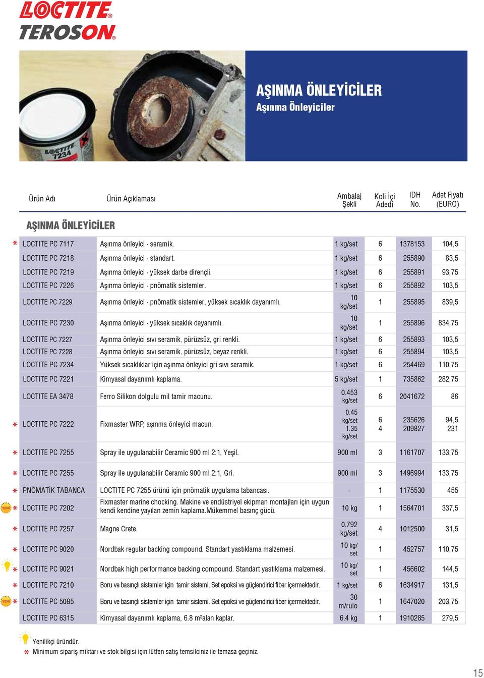 1 kg/set 6 255892 3,5 LOCTITE PC 7229 LOCTITE PC 7230 Aşınma önleyici - pnömatik sistemler, yüksek sıcaklık dayanımlı. Aşınma önleyici - yüksek sıcaklık dayanımlı.
