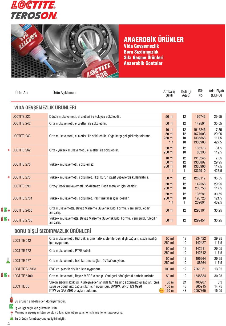 Yağa karşı geliştirilmiş tolerans. Orta - yüksek mukavemetli, el aletleri ile sökülebilir. Yüksek mukavemetli, sökülemez.