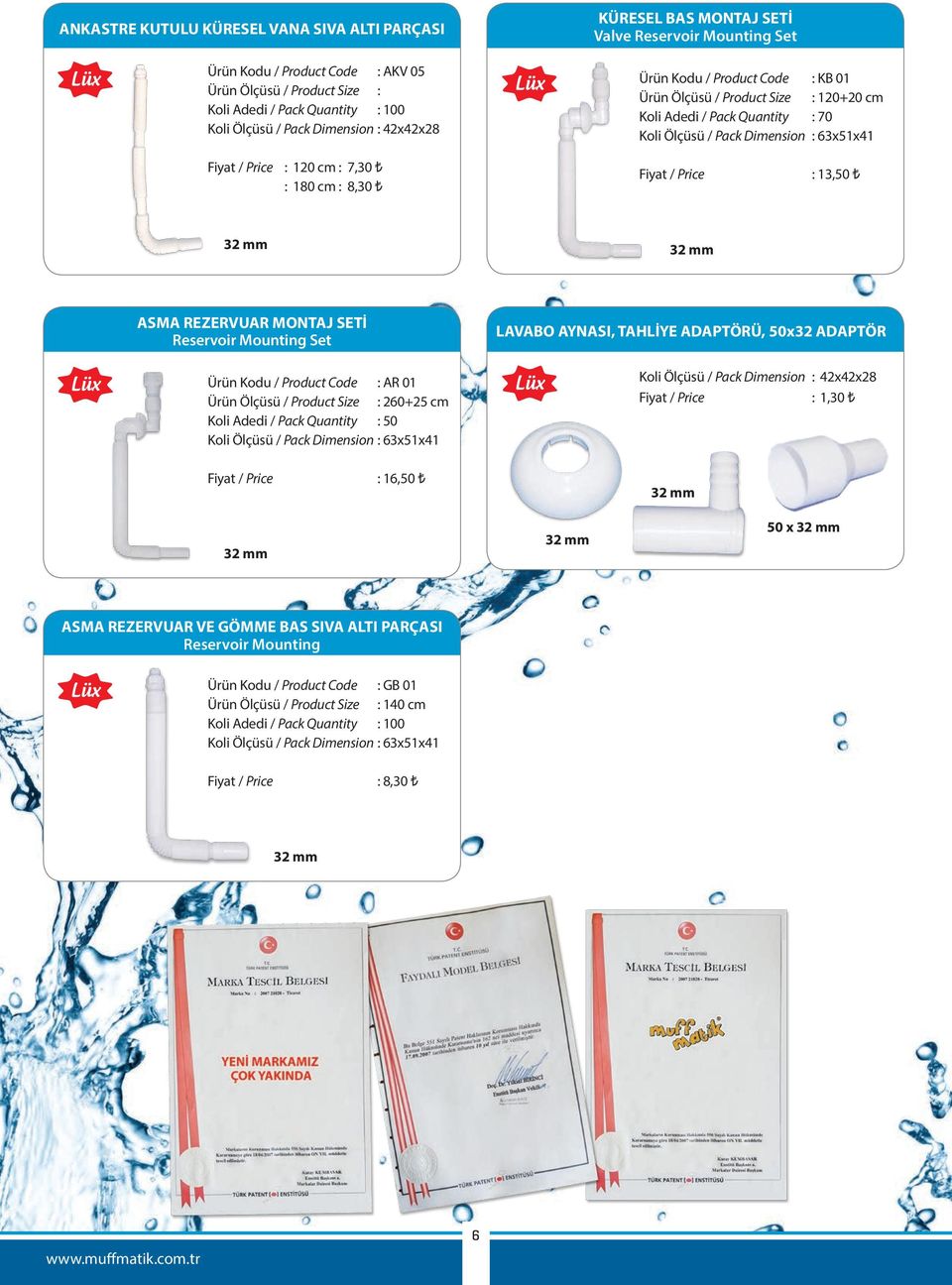 REZERVUAR MONTAJ SETİ Reservoir Mounting Set LAVABO AYNASI, TAHLİYE ADAPTÖRÜ, 50x32 ADAPTÖR Ürün Kodu / Product Code : AR 01 Ürün Ölçüsü / Product Size : 260+25 cm Koli Adedi / Pack Quantity : 50