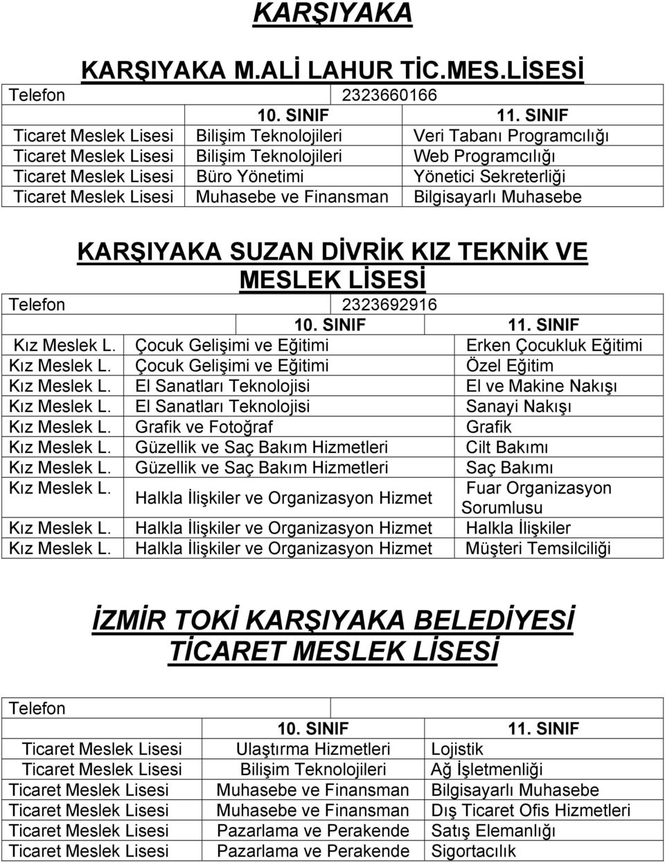 Finansman Bilgisayarlı Muhasebe KARŞIYAKA SUZAN DİVRİK KIZ TEKNİK VE MESLEK Telefon 2323692916 Kız Meslek L. Çocuk Gelişimi ve Eğitimi Erken Çocukluk Eğitimi Kız Meslek L.