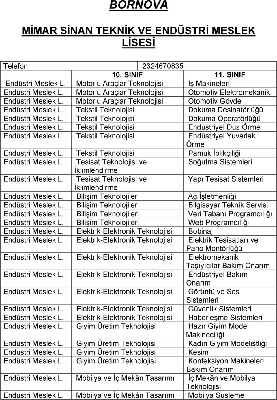 Bilgisayar Teknik Servisi Veri Tabanı Programcılığı Web Programcılığı Bobinaj Elektrik Tesisatları ve Pano Montörlüğü Elektromekanik Taşıyıcılar Bakım Onarım Endüstriyel Bakım Onarım Görüntü ve Ses