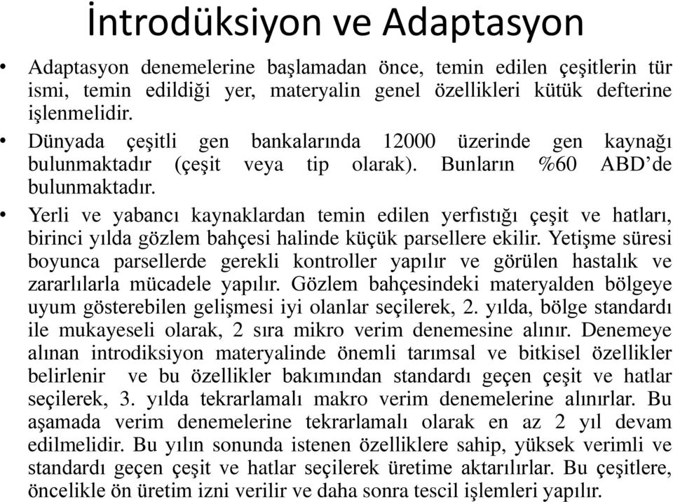 Yerli ve yabancı kaynaklardan temin edilen yerfıstığı çeşit ve hatları, birinci yılda gözlem bahçesi halinde küçük parsellere ekilir.