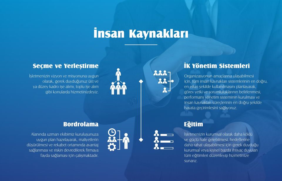 belirlenmesi, performans yönetim sisteminin kurulması ve insan kaynakları süreçlerinin en doğru şekilde hayata geçirimlesini sağlıyoruz.