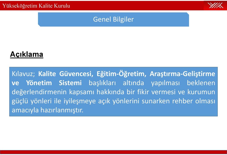 beklenen değerlendirmenin kapsamı hakkında bir fikir vermesi ve kurumun