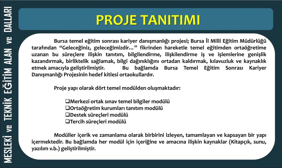 geliştirilmiştir. Bu bağlamda Bursa Temel Eğitim Sonrası Kariyer Danışmanlığı Projesinin hedef kitlesi ortaokullardır.