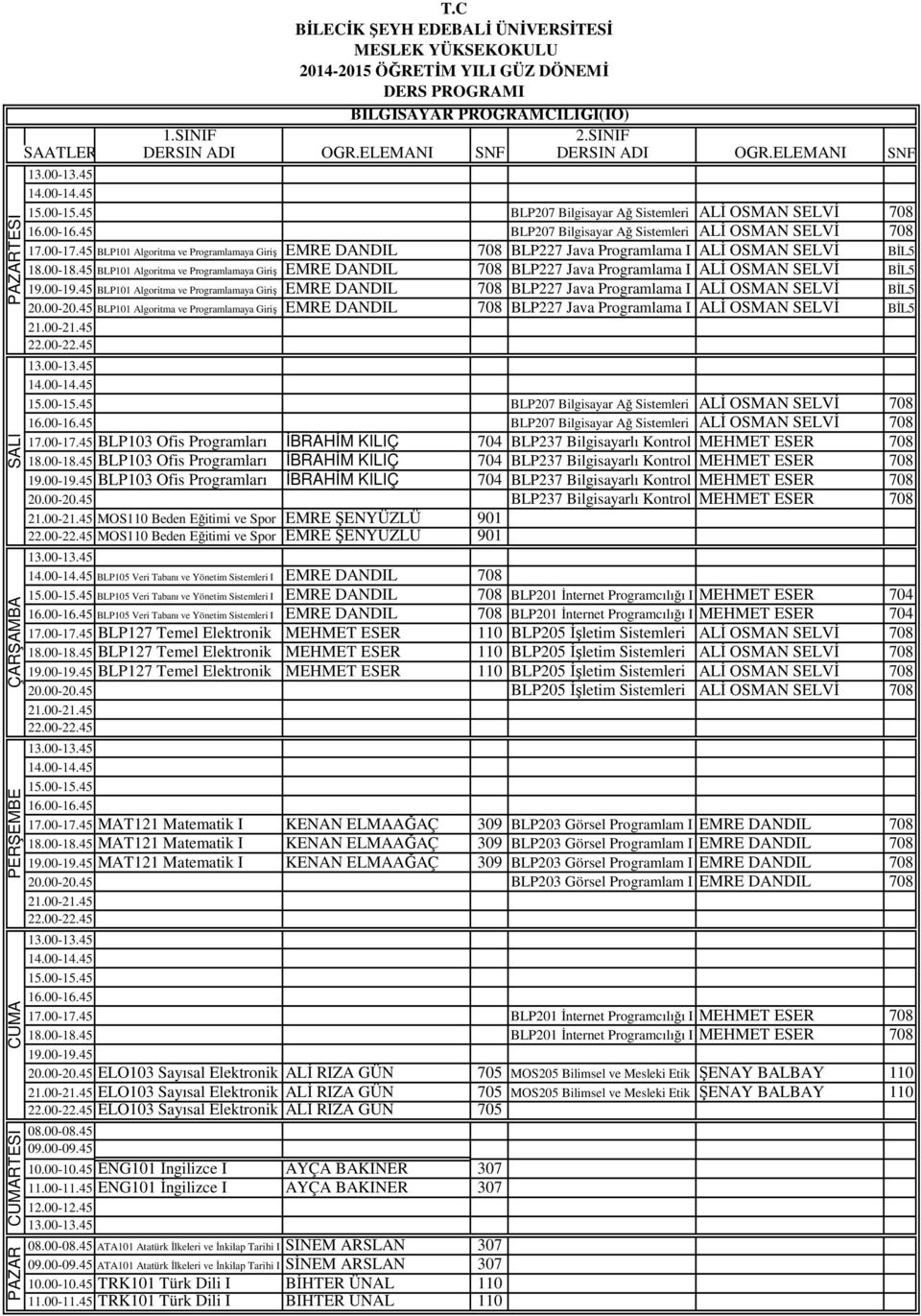 45 BLP101 Algoritma ve Programlamaya Giriş EMRE DANDIL 708 BLP227 Java Programlama I ALİ OSMAN SELVİ BİL5 20.00-20.