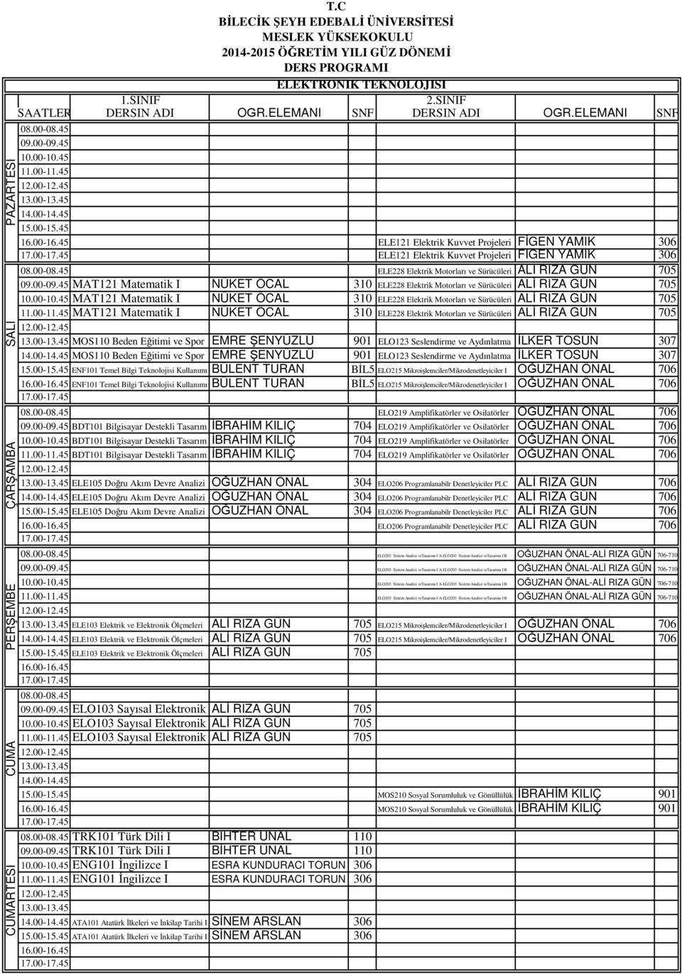 ELE228 Elektrik Motorları ve Sürücüleri ALİ RIZA GÜN 705 MOS110 Beden Eğitimi ve Spor EMRE ŞENYÜZLÜ 901 ELO123 Seslendirme ve Aydınlatma İLKER TOSUN 307 MOS110 Beden Eğitimi ve Spor EMRE ŞENYÜZLÜ 901