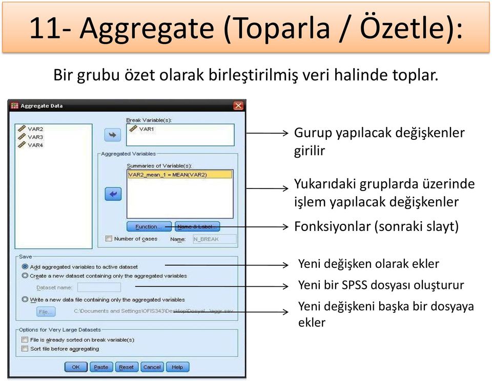 Gurup yapılacak değişkenler girilir Yukarıdaki gruplarda üzerinde işlem