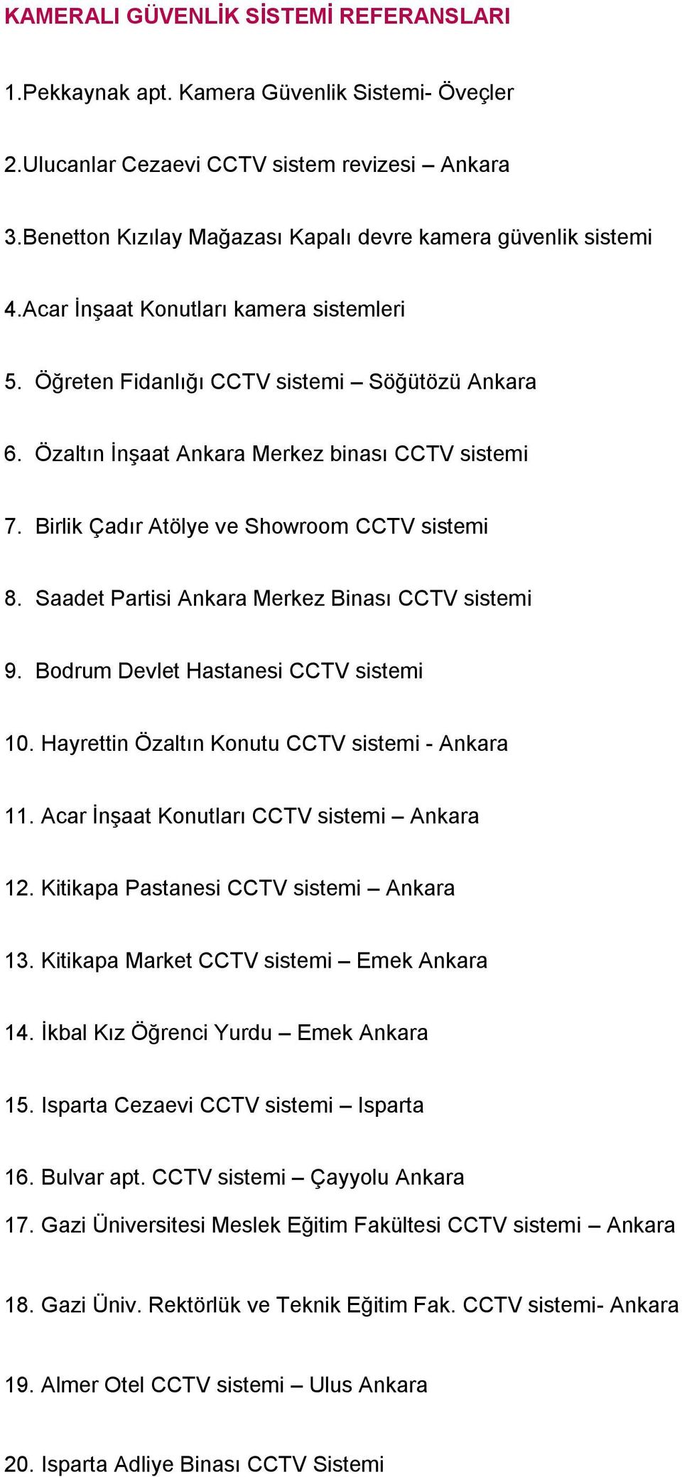 Özaltın İnşaat Ankara Merkez binası CCTV sistemi 7. Birlik Çadır Atölye ve Showroom CCTV sistemi 8. Saadet Partisi Ankara Merkez Binası CCTV sistemi 9. Bodrum Devlet Hastanesi CCTV sistemi 10.