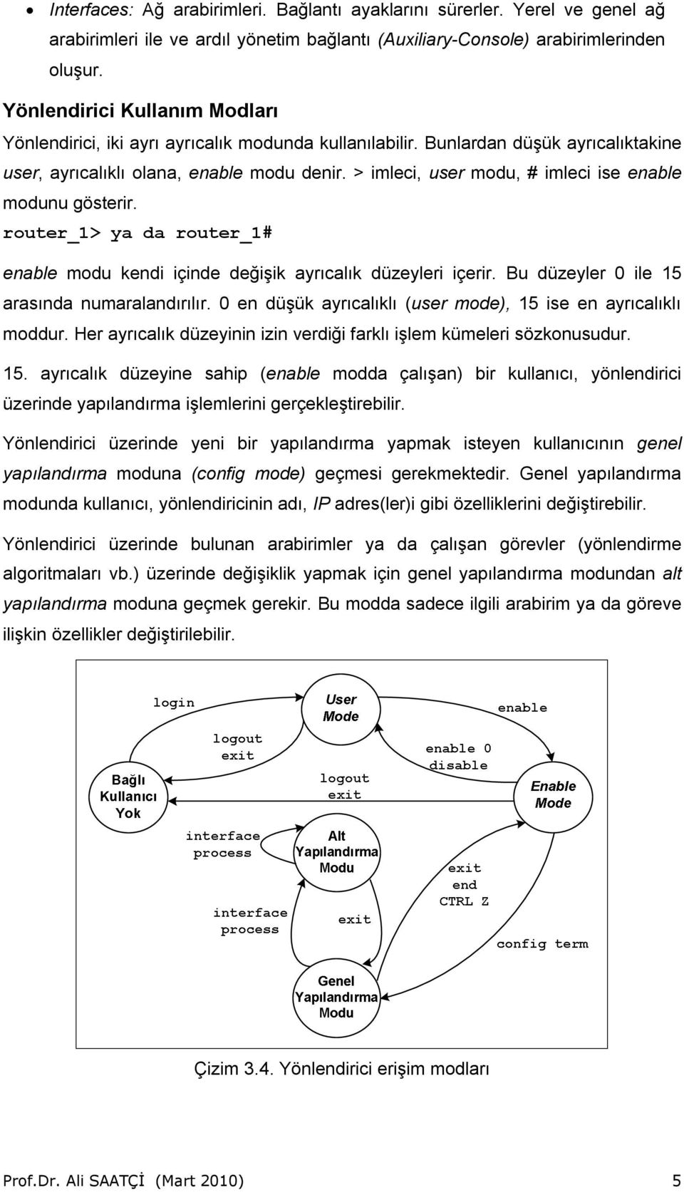 > imleci, user modu, # imleci ise enable modunu gösterir. router_1> ya da router_1# enable modu kendi içinde değişik ayrıcalık düzeyleri içerir. Bu düzeyler 0 ile 15 arasında numaralandırılır.